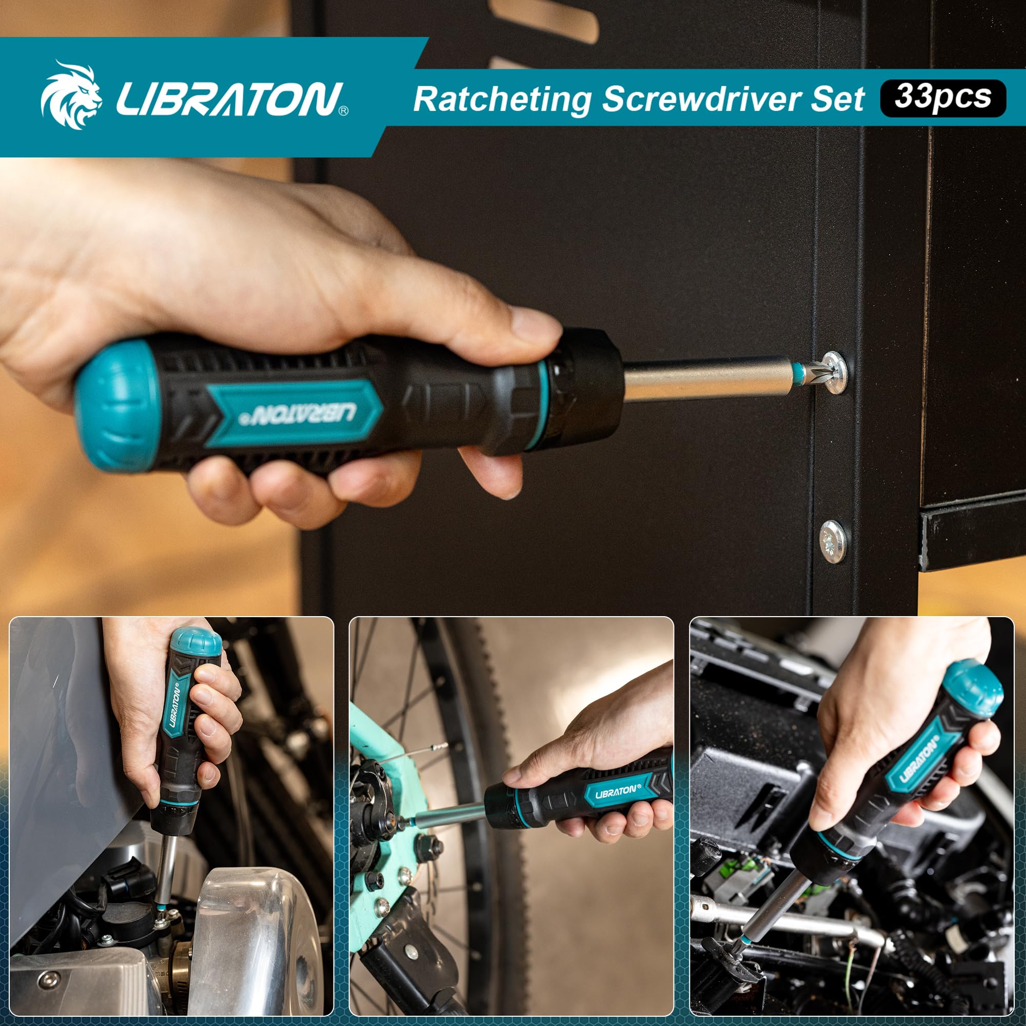 LIBRATON Ratschenschraubendreher Set, Multi Schraubendreher, 33-in-1 Magnetischer Schraubendreher, Schlitz-/Philips-/Pozi-/Torx-/Hex-/Vierkant-Bits, Ergonomischer Griff für Zuhause, Auto 7