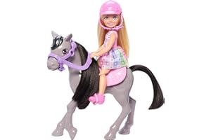 Barbie Chelsea Doll & Toy Horse Set, Includes Helmet Accessory & Saddle, Small Doll Bends at Knees to “Ride” Gray Pony