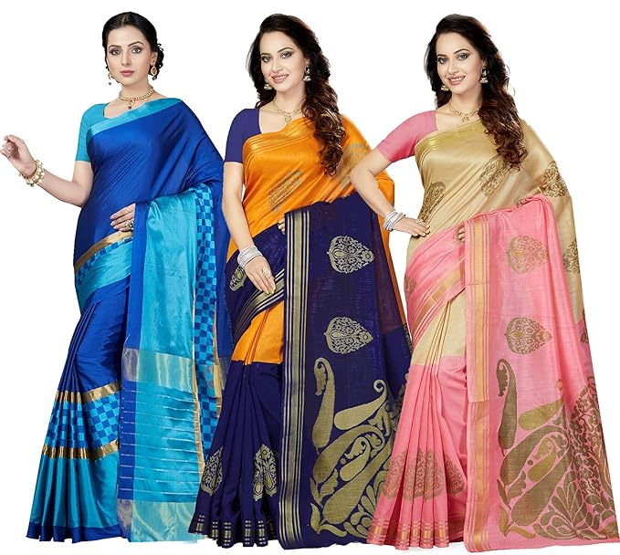 Combo of 3 Poly Silk Multicolor Woven Womens Saree with Blouse Piece