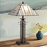Franklin Iron Works Mission Tiffany Style Table Lamp Art Deco 26.25" High Wrought Iron Dark Bronze Brown Gold White Stained G