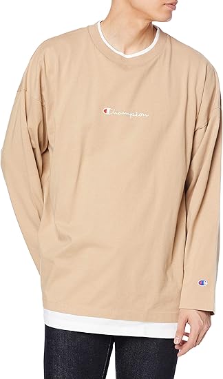 Amazon チャンピオン ロングtシャツ 長袖tシャツ 綿100 クルーネック レイヤード風 スクリプトロゴ刺繍 C3 S429 メンズ Tシャツ カットソー 通販