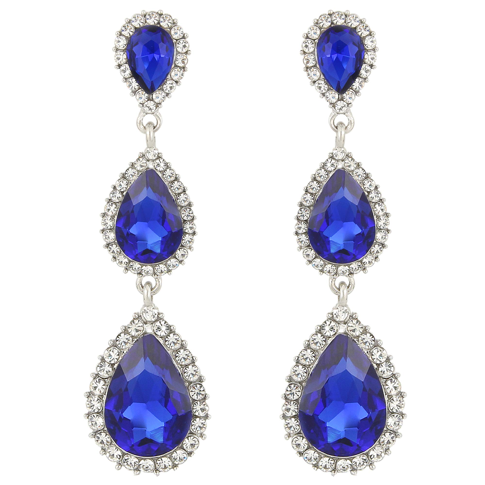 Clearine Women's Gorgeous Small to Large Triple Teardrop Crystal dangle Pierced Earrings Navy Blue Silver-Tone