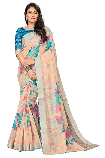 Womens Banarasi Linen Saree With Unstitched Blouse (Digital_Print_Saree110_Multicolored)