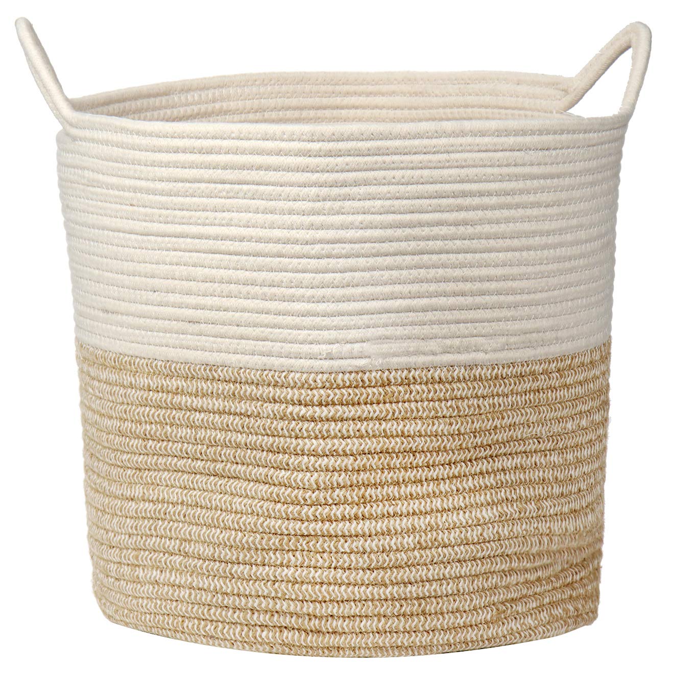 Briful Cotton Rope Storage Basket 38cmx38cm Foldable Laundry Basket Woven Baskets with Handle Washing Hamper Basket for Toys Blankets Sundries Crafts, Wheat