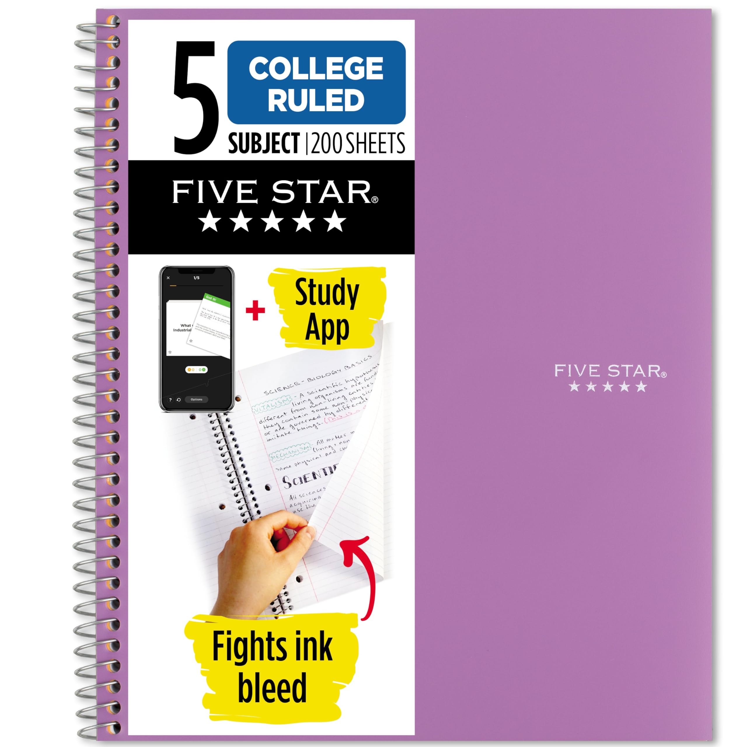 Photo 1 of Five Star Spiral Notebook + Study App, 5 Subject, College Ruled Paper, 8-1/2" x 11", 200 Sheets, Fights Ink Bleed, Water Resistant Cover, Amethyst Purple (38748)