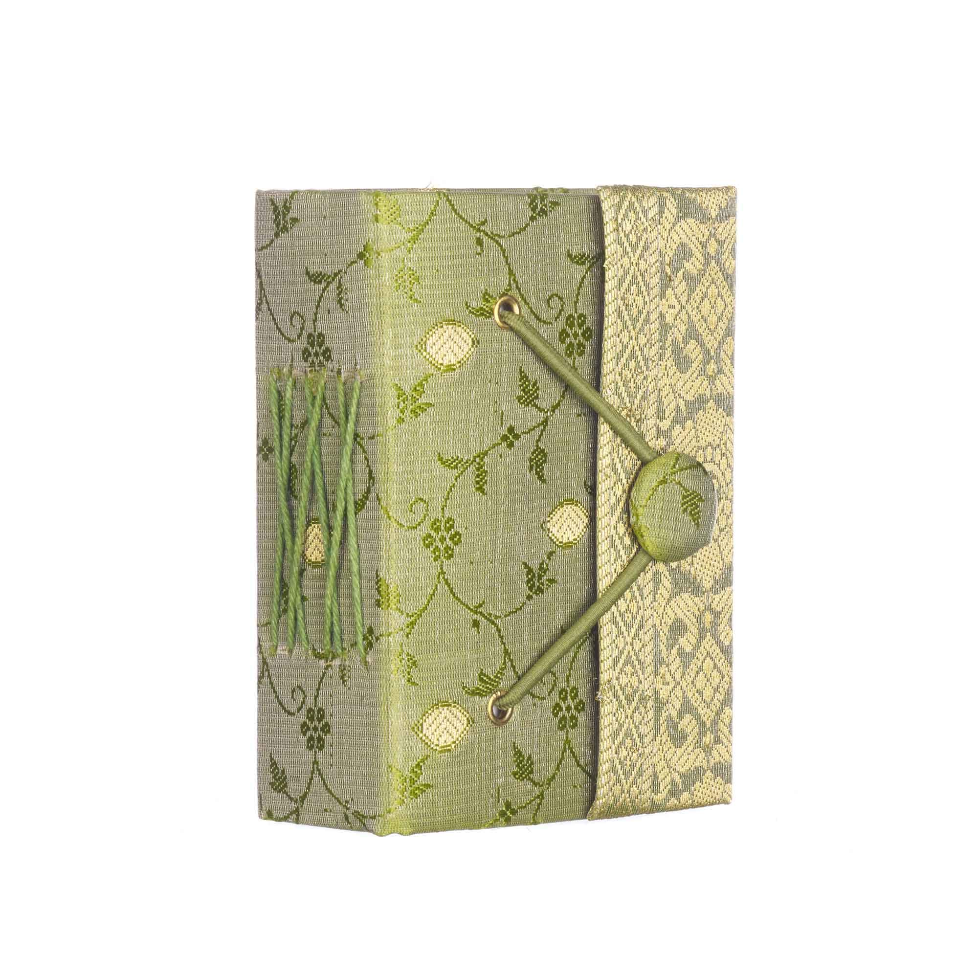 Sari Journal Mini 8cm x 10cm - Green - Unlined Recycled Paper - Elastic Closure - Pocket Notebook and Diary - Indian Stationery Gift - for Men Women Students - Sari Fabric