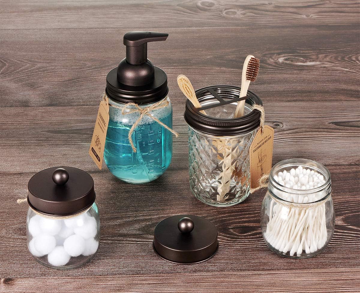 Amolliar Mason Jar Toothbrush Holder- Rustproof Stainless Steel - Holds 2 Toothbrushes and Toothpaste,with Chalkboard Labels - Farmhouse Décor Bathroom Countertop and Vanity Storage Organizer,Bronze: Home & Kitchen