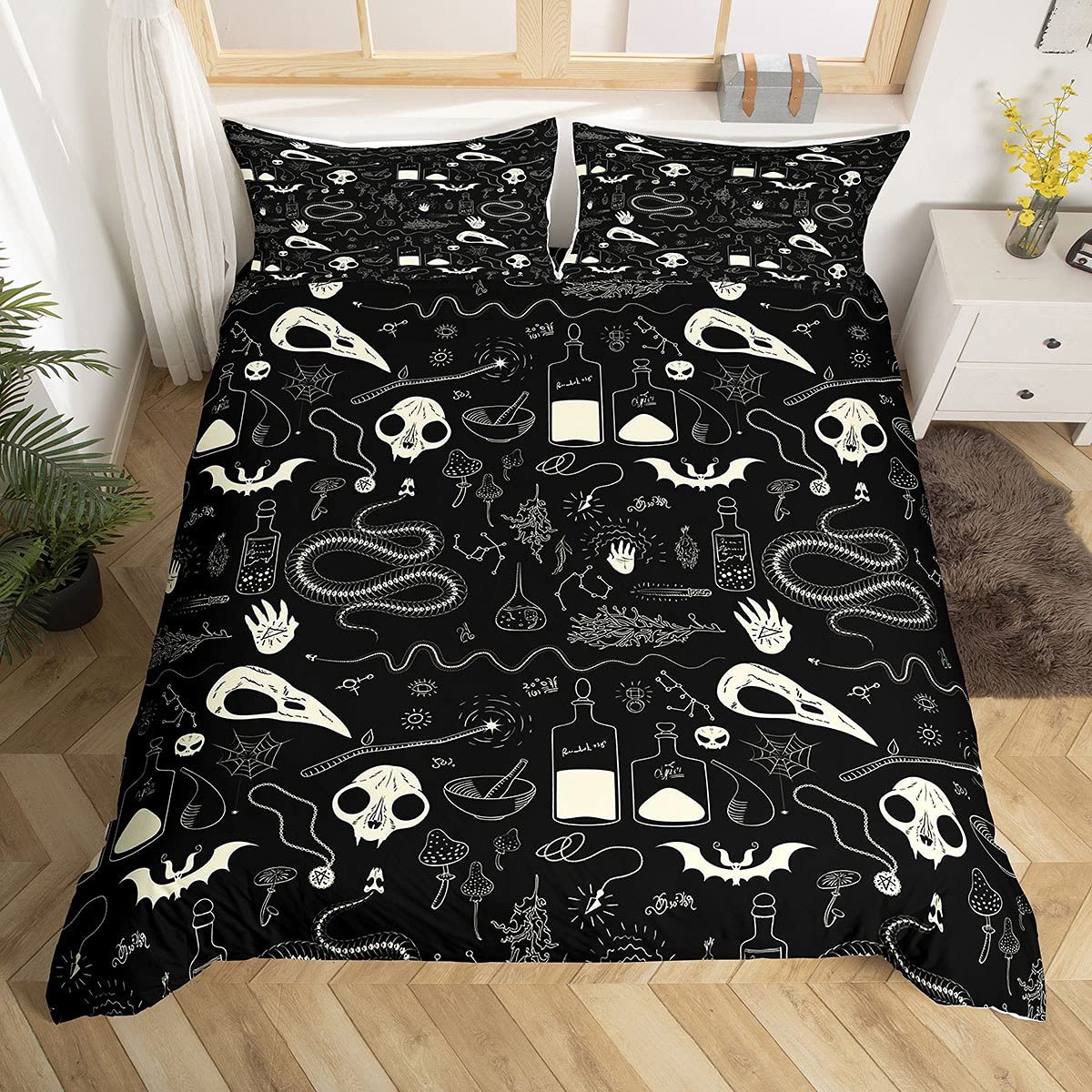 Skull Bedding Set Kids Scary Animal Skeleton Bedding & Linen for Boys Teens Halloween Bats Duvet Cover Breathable Horror Spider Bedding & Linen Black White Quilt Cover Double Size