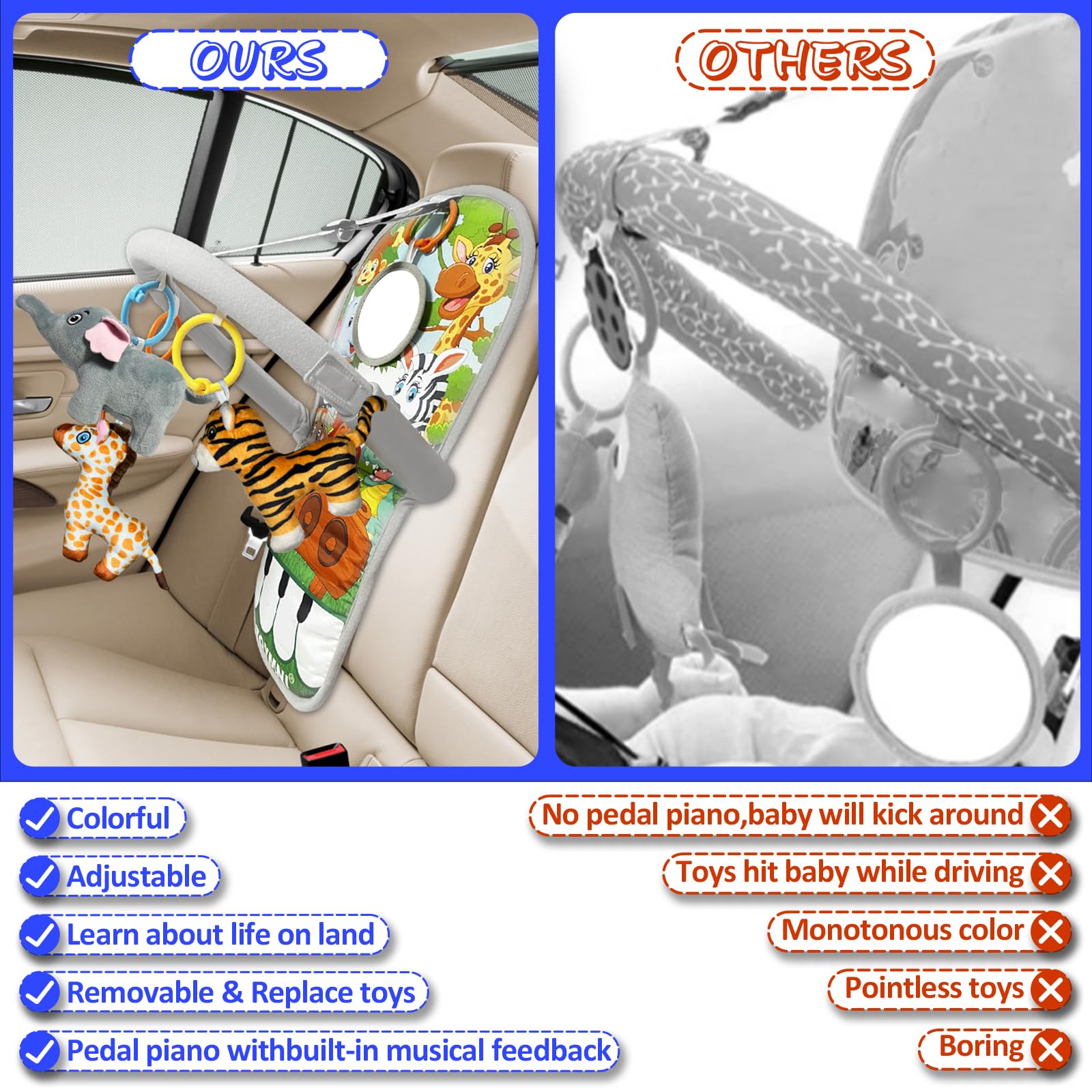 Car Seat Toys for 6-12 Months - Musical Pedal Piano with Baby Mirror, Squeaky Sensory Soft Animal Toys for Rear Facing Carseats