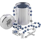 HanlinCC 6mm Glass Pearl Beads with Rose Flower Our Father Beads Miraculous Catholic Rosary Necklace with Rose Metal Catholic Gift Box for Men and Women