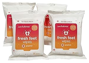 Fresh Feet Wipes - for Kids and Adults - Refreshing Grapefruit - Antibacterial foot, hand, body wet wipes by Jasmine Seven (25 Count Pack of 4 = 100 wipes) NEW!
