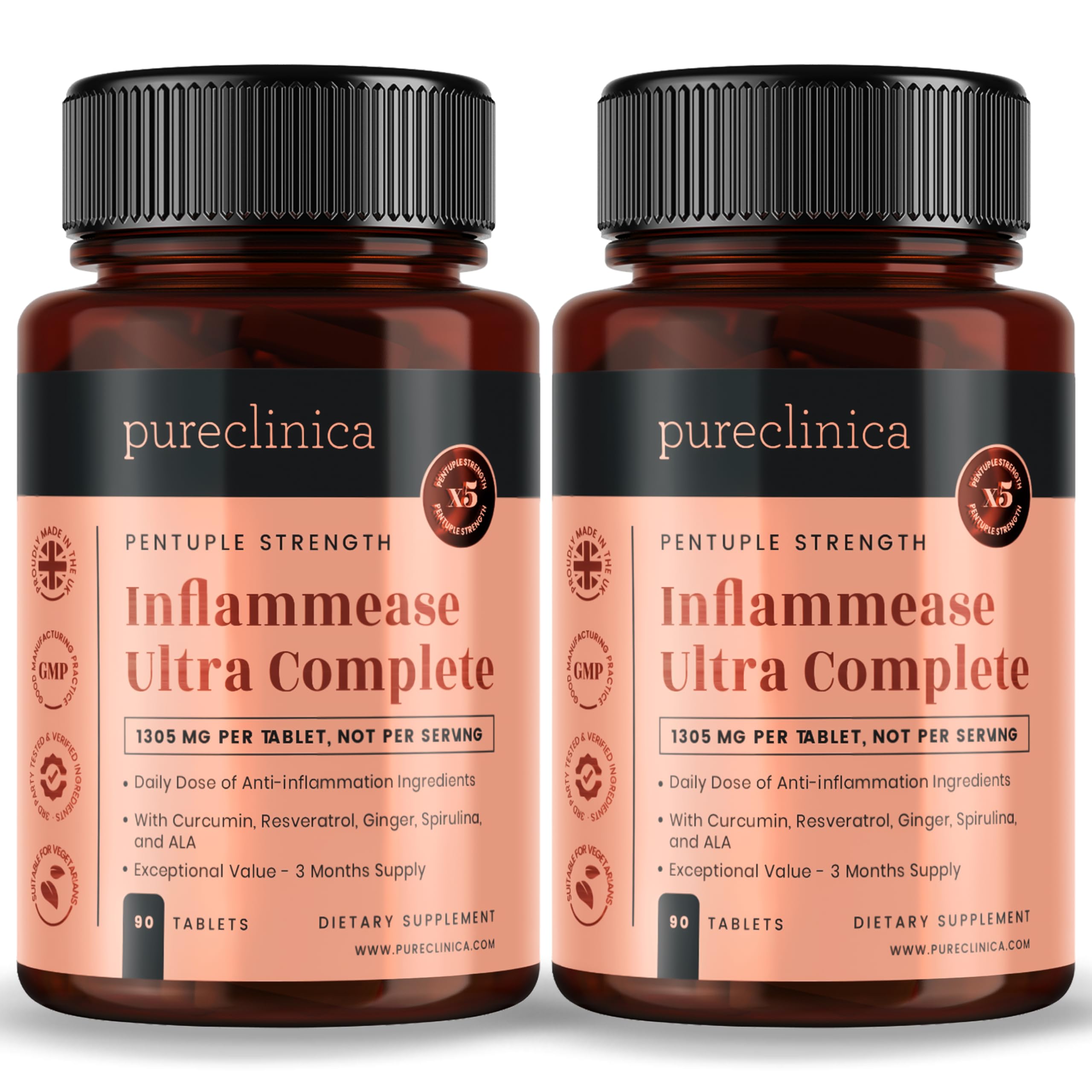 INFLAMMEASE Ultra Complete 1305mg x 180 Tablets (Ginger, Curcumin, Spirulina, ALA, Resveratrol- 5 Supplements in 1(2 Bottles of 90 Tablets)