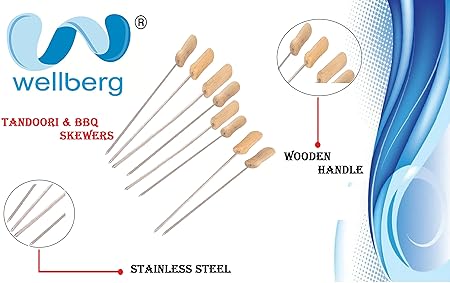 WELLBERG 8-Skewers Stainless Steel With Wood Handle For BBQ Skewers; Stainless Steel Skewers; Kabab Skewers;Tandoori Skewers ( Set of 8-skewers)