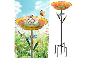 MeyRolizn Sunflower Bird Bath for Outside, Vintage Metal Birdbaths Birdfeeder with Dragonfly Decor, Standing Bird Feeder Bath