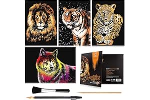 AP ARTSPER Rainbow Scratch Art Painting Paper (A4) for Kids & Adults, Night View Scratchboard, Art & Craft, Engraving Art Set: 4 Sheets Scratch Cards & Drawing Pen, Clean Brush (Lion / Tiger / Leopard / Wolf)