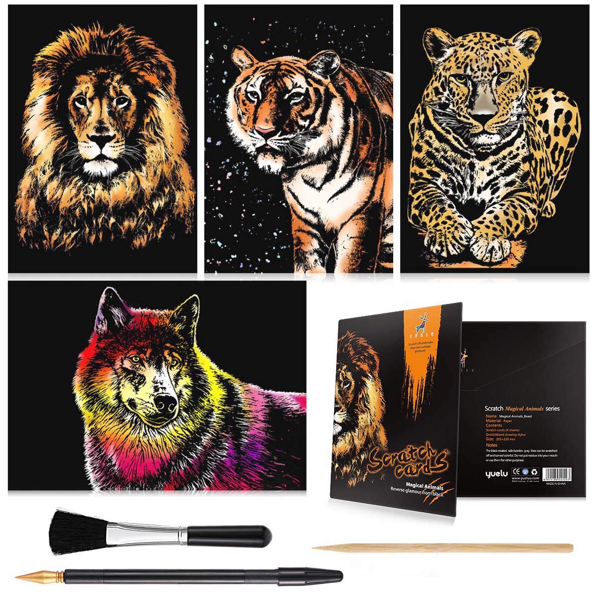 Rainbow Scratch Art Painting Paper (A4) for Kids & Adults, Night View Scratchboard, Art & Craft, Engraving Art Set: 4 Sheets Scratch Cards & Drawing Pen, Clean Brush (Lion/Tiger/Leopard/Wolf)