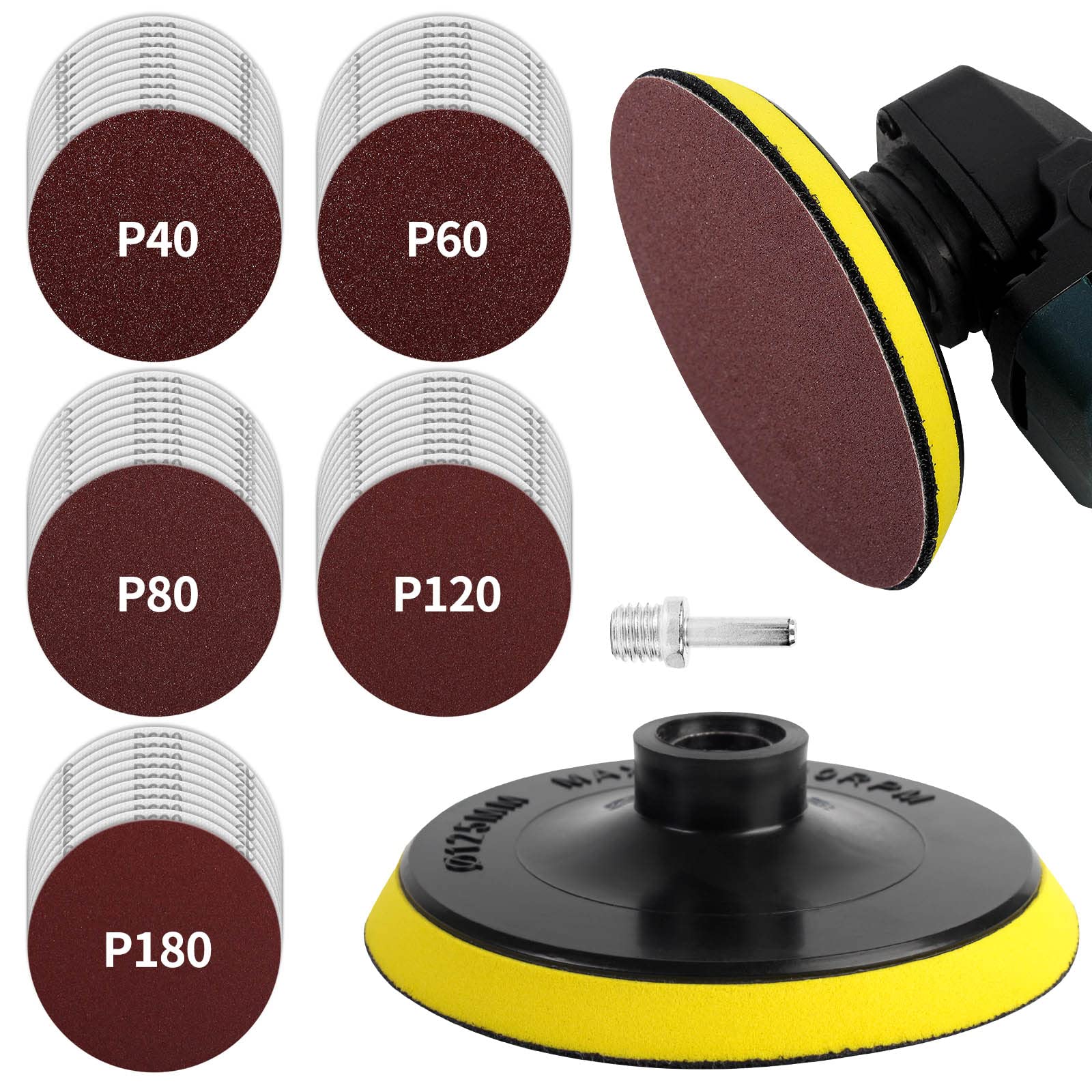Pomsare 50 PCS 125mm Sanding Discs with Hook and Loop Backing Pad M14 Threads, Angle Grinder Drill Sanding Attachment Sander, 40/60/80/120/180 Grits Sanding Pads for Wood Metal Car Polishing