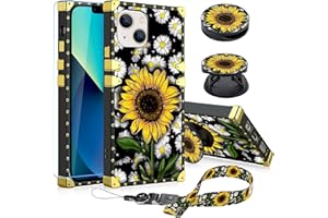 KANGHAR Designed for iPhone 13 Case Sunflower with Screen Protector Lanyard Strap Ring Holder Kickstand for Women Girls Flower Daisy Square with Finger Grip Stand Phone Bumpers for iPhone 13