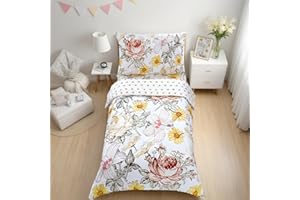 HNHUAMING Toddler Bedding Set for Girls, 4 Piece Toddler Comforter Bed Sets, Ultra Soft Breathable Boho Kids Bed Set with Flat Top Sheet, Quilted Comforter, Fitted Sheet and Pillowcases, Floral