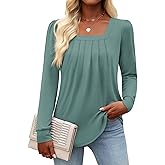 Funlingo Women's Puff Long Sleeve Tops Dressy Casual Square Neck Pleated Work Blouse Fall Trendy Tunic Flowy Chiffon Shirts