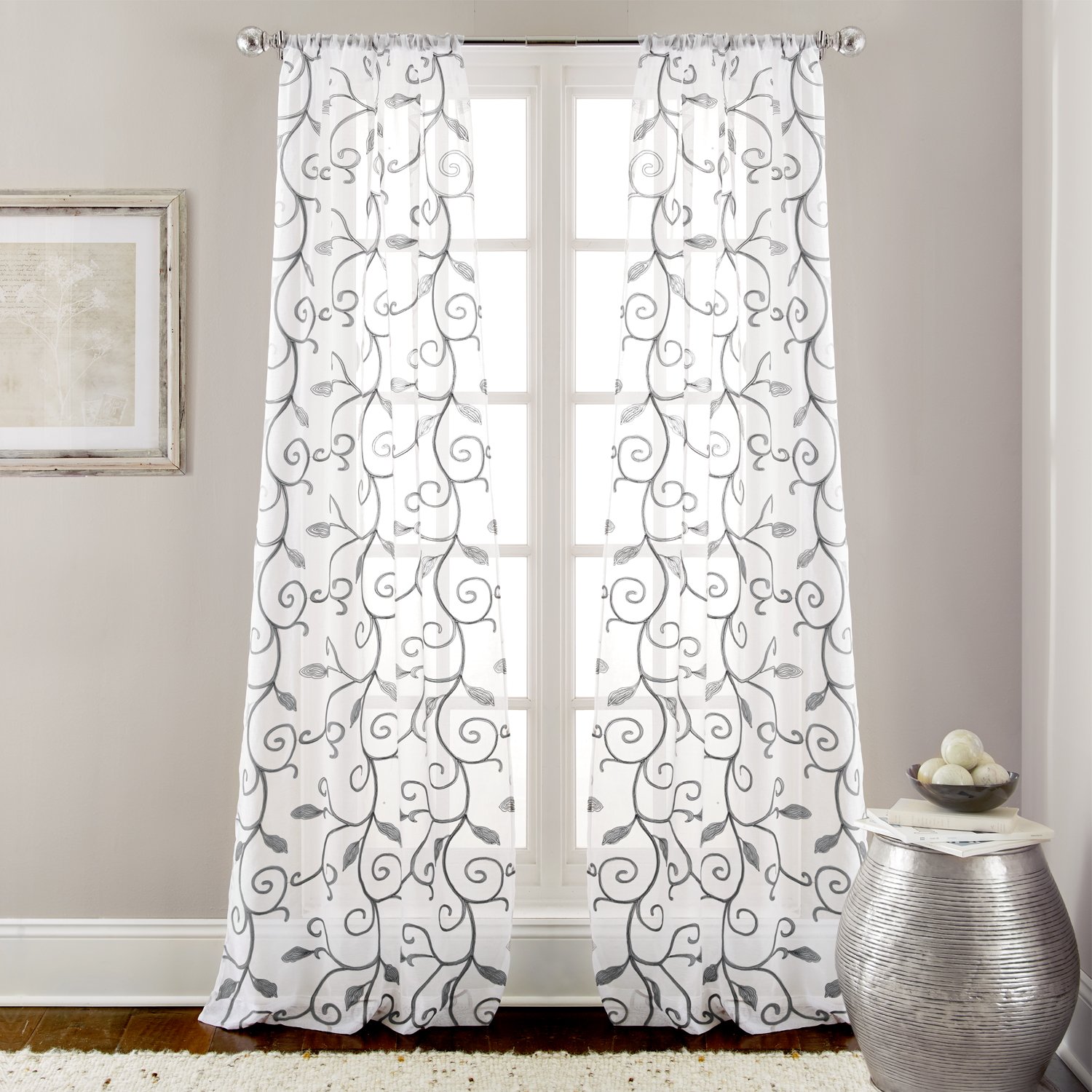 Amrapur Pacific Coast Textiles Leaf Swirl Sheared Curtain Set, Polyester, White/Gray, 37 x 84-Inch, 2-Piece