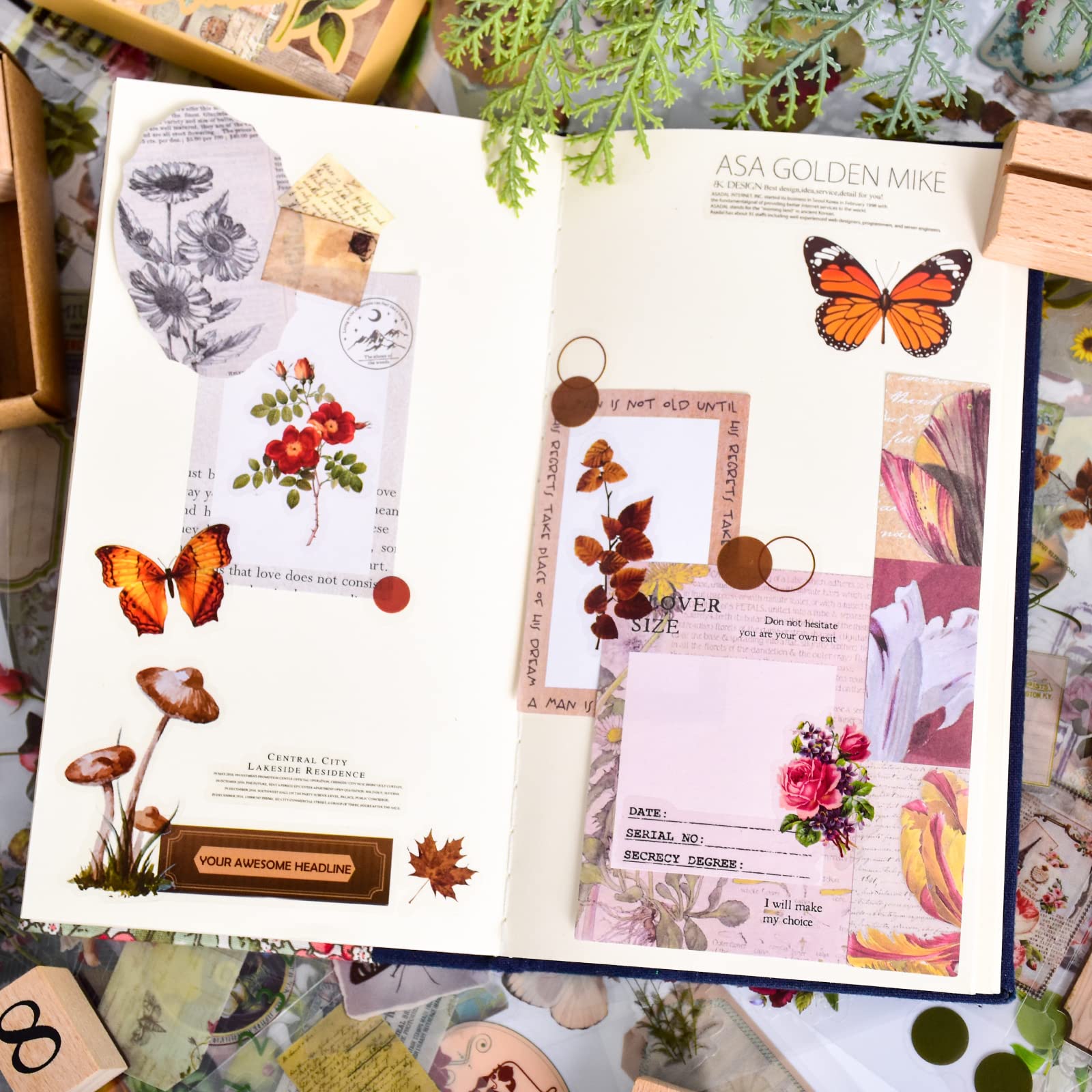 510PCS Plants Floral Scrapbook Stickers Kit Vintage Flowers Butterfly Mushroom Fall Maple Leaves Transparent Waterproof Stickers Set for Scrapbooking Supplies Aesthetic Junk JournalCraft