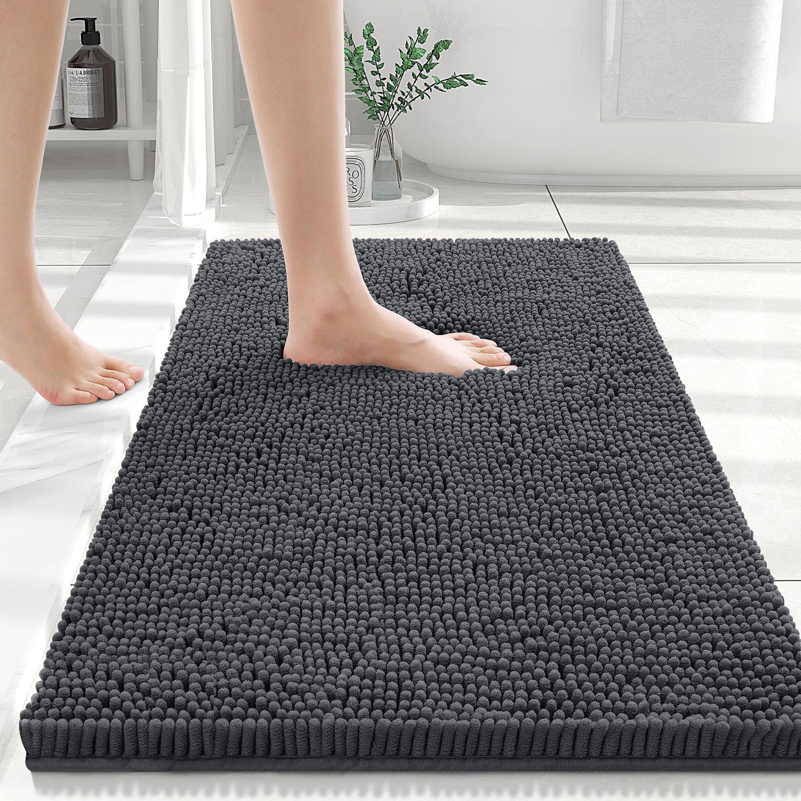 smiry Chenille Bath Mat, 40 x 60 cm, Non-Slip Super Absorbent Bathroom Mat Extra Soft Fluffy Bath Mats for Bathroom Thick Machine Washable Bathroom Floor Mats Rugs, Dark Grey