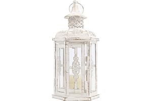 JHY DESIGN Decorative Candle lantern-10inch High Vintage Style Hanging Lantern Metal Candleholder for Indoor Outdoor Events Parities and Weddings (White with Gold Brush)
