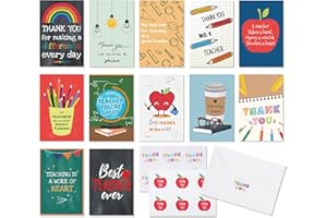 Hunanyume 12 Teacher Appreciation Cards with Envelopes, Stickers & Message Inside, 4x6 in Assortment of Designs