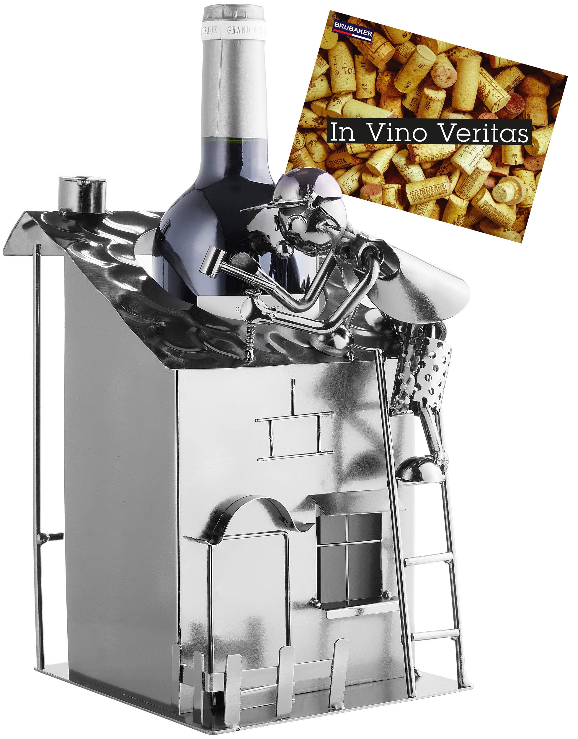 BRUBAKER Wine Bottle Holder 'House with Roofer' Metal Sculpture Including Greeting Card