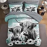 WeCozy 7 Pcs Queen Size Comforter Set with 2 Pillowcases & 2 Shams, Highland Cow Animal Bedding for Kids and Adults, Farm Daisy Bed in a Bag with Flat Fitted Sheet