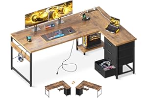 AODK L Shaped Desk with 4 Tier Drawers, 61" Reversible Gaming Desk with Power Outlets, L Shaped Computer Desk with USB Chargi