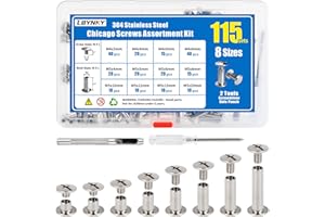 LBYNKY 115 Sets Chicago Screws Assortment Kit, 304 Stainless Steel Binding Screws, 8 Sizes (M5x4/5/6/8/10/12/15/20mm Length) Screw Rivets for Leather Crafts, Belts, Purse,Books, Snowboard