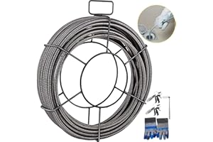 VEVOR Drain Cleaning Cable 100 FT x 3/8 Inch, Solid Core Steel Sewer Cable with 4 Cutter for 2" to 4" Pipes, Sewer Auger Cleaner Cable for Sink, Floor Drain, Toilet