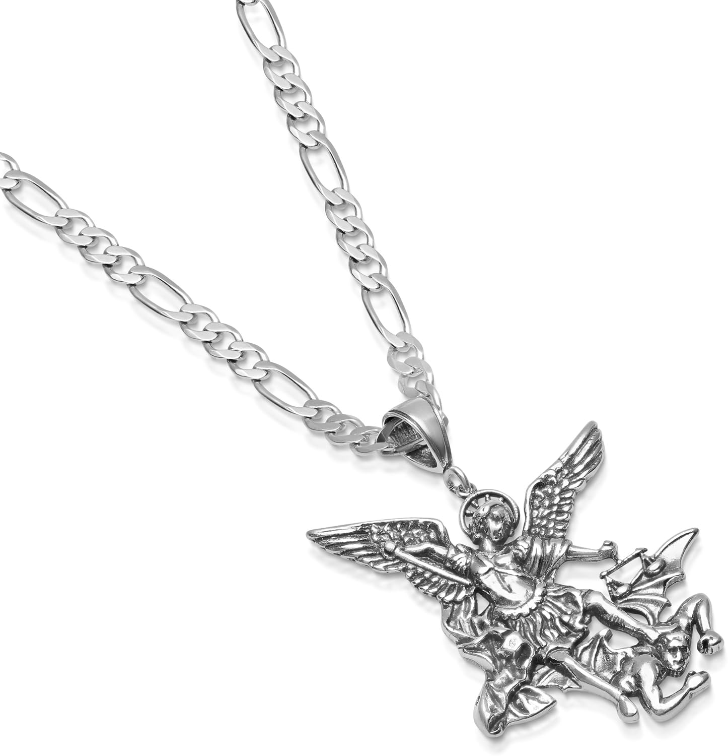 Sterling Silver St. Michael Necklace Pendant Figaro Chain Large 5mm
