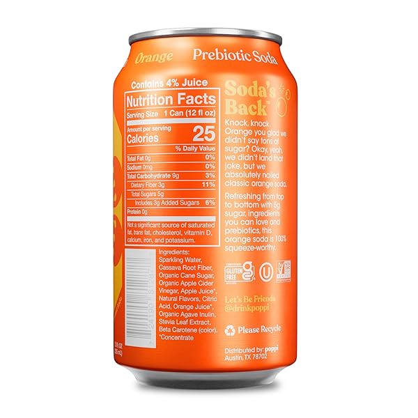 POPPI SPARKLING PREBIOTIC SODA BEVERAGE WITH APPLE CIDER VINEGAR, SELTZER WATER AND FRUIT JUICE, ORANGE FLAVOR, 12 FL OZ, 1 COUNT, PACKAGING MAY VARY