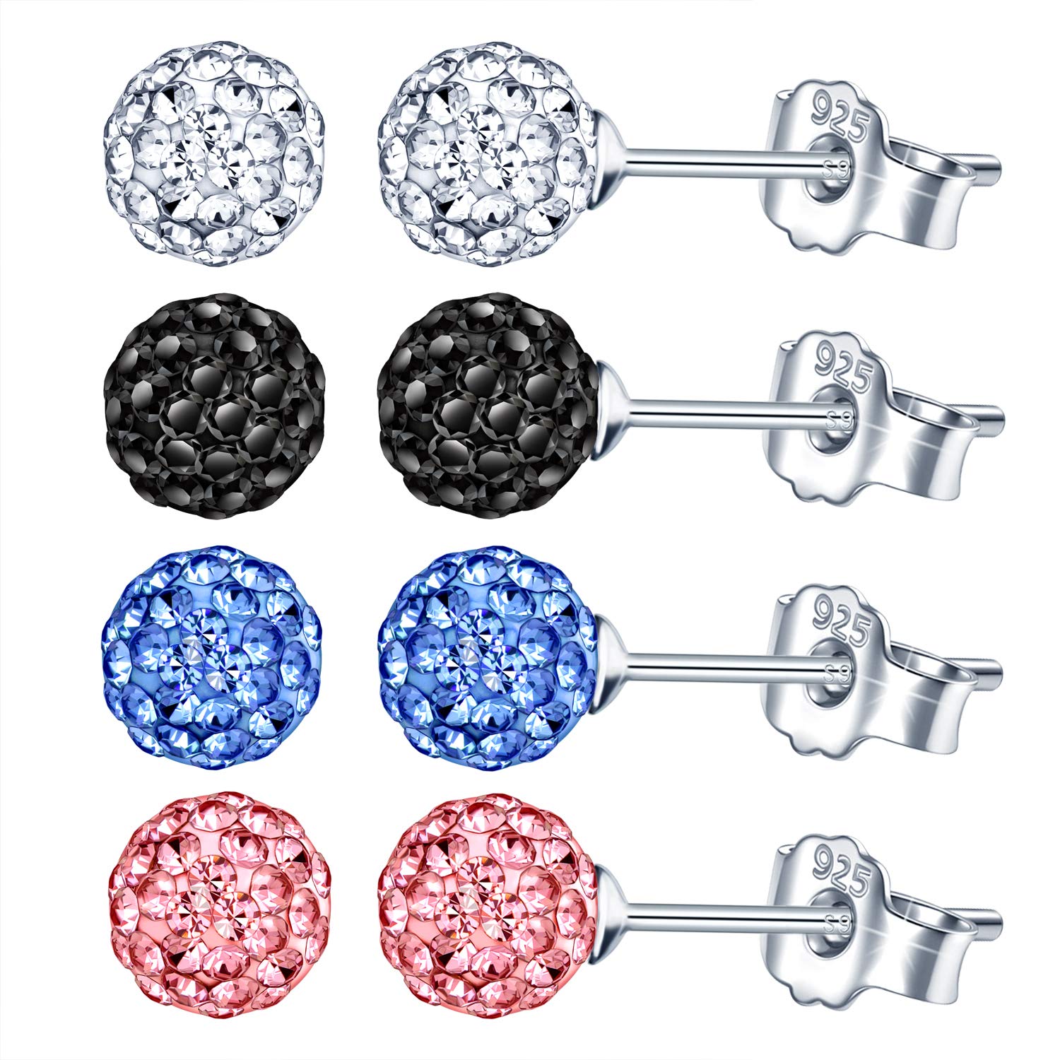 4 Pairs Women Sterling Silver Studs Sparkly Crystal Disco Ball Stud Earrings Set