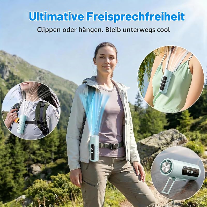 Handventilator mit Kühlpad, 3 in 1 Mini Ventilator Leise Akku USB, 5 Stufen Tragbarer Clip Tischventilator mit LED Display Taschenlampe für Reise Büro Outdoor Camping (Blau) — Foto 4 von 8
