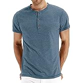 PEGENO Men's Fashion Casual Front Placket Short Sleeve Henley T-Shirts Cotton Shirts