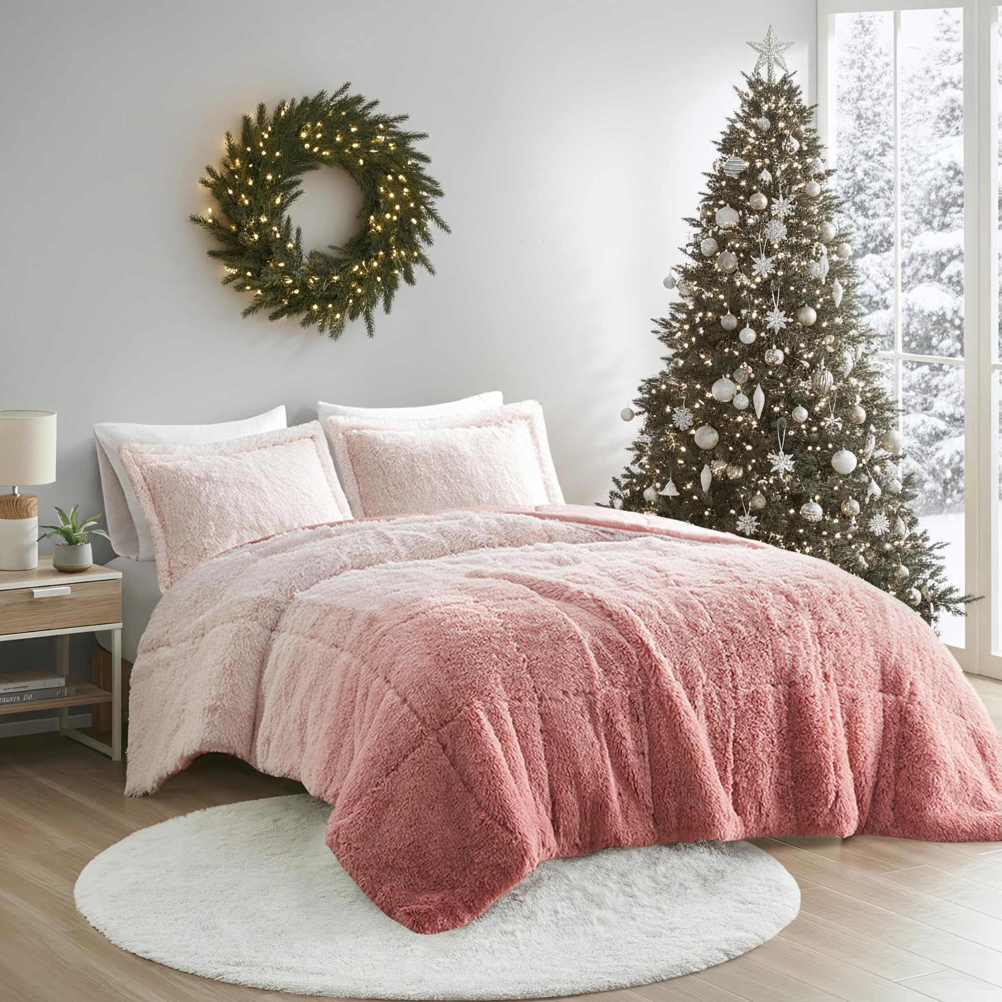 Intelligent Design Brielle, Long Shaggy Faux Fur Comforter Set, Plush Reverse, Trendy Ombre Design, Modern, Cozy All Season Bedding, Matching Sham, Full/Queen(90"x90") Blush 3 Piece Image