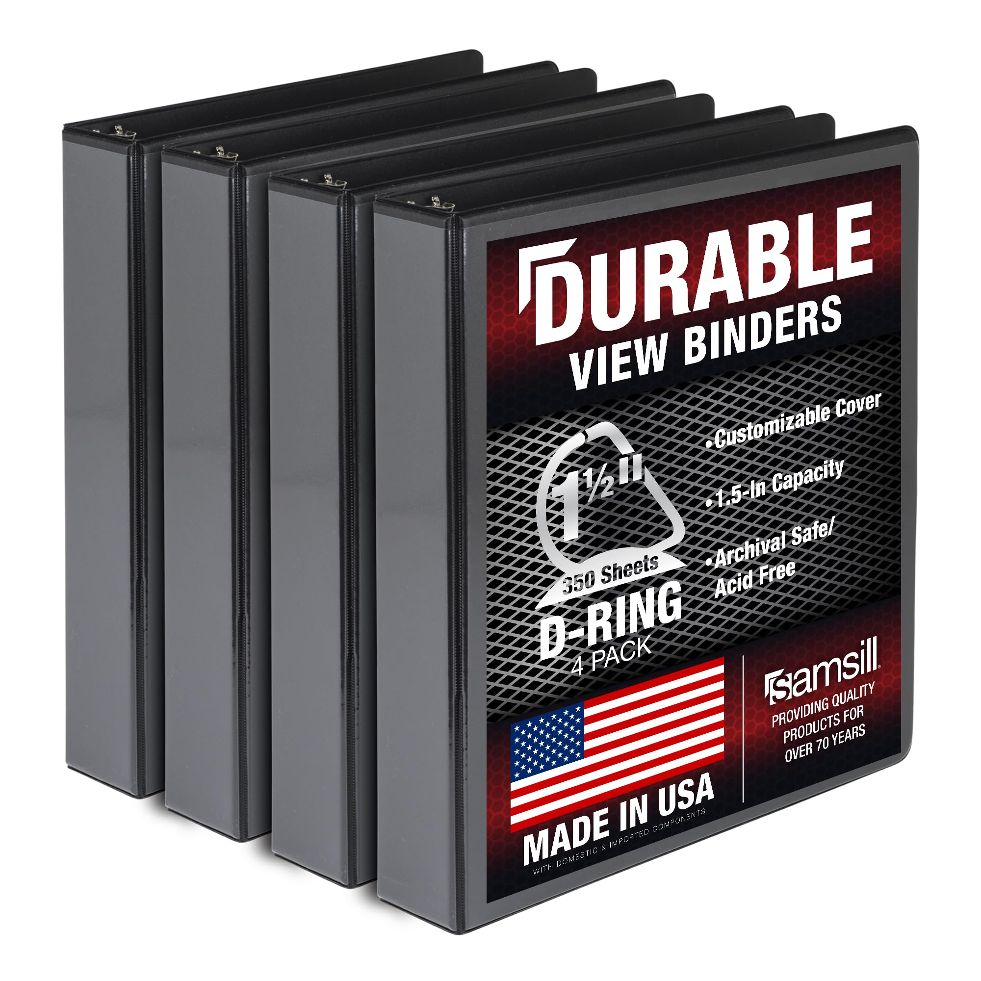 Samsill Durable 1.5 inch 3 Ring Binder, Made in USA, D Ring Binder, FSC 100% Recycled Chipboard, Black, 4 Pack