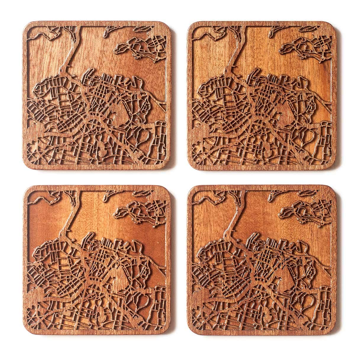 Auckland Map Coaster, Set of 4, Sapele Wooden Coaster with City map, Multiple City Optional, Handmade