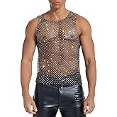 Mens Rhinestone Shirt Sparkly Mesh Black Top, Black Rave Tank Tops for Men Festival Party and Clubwear
