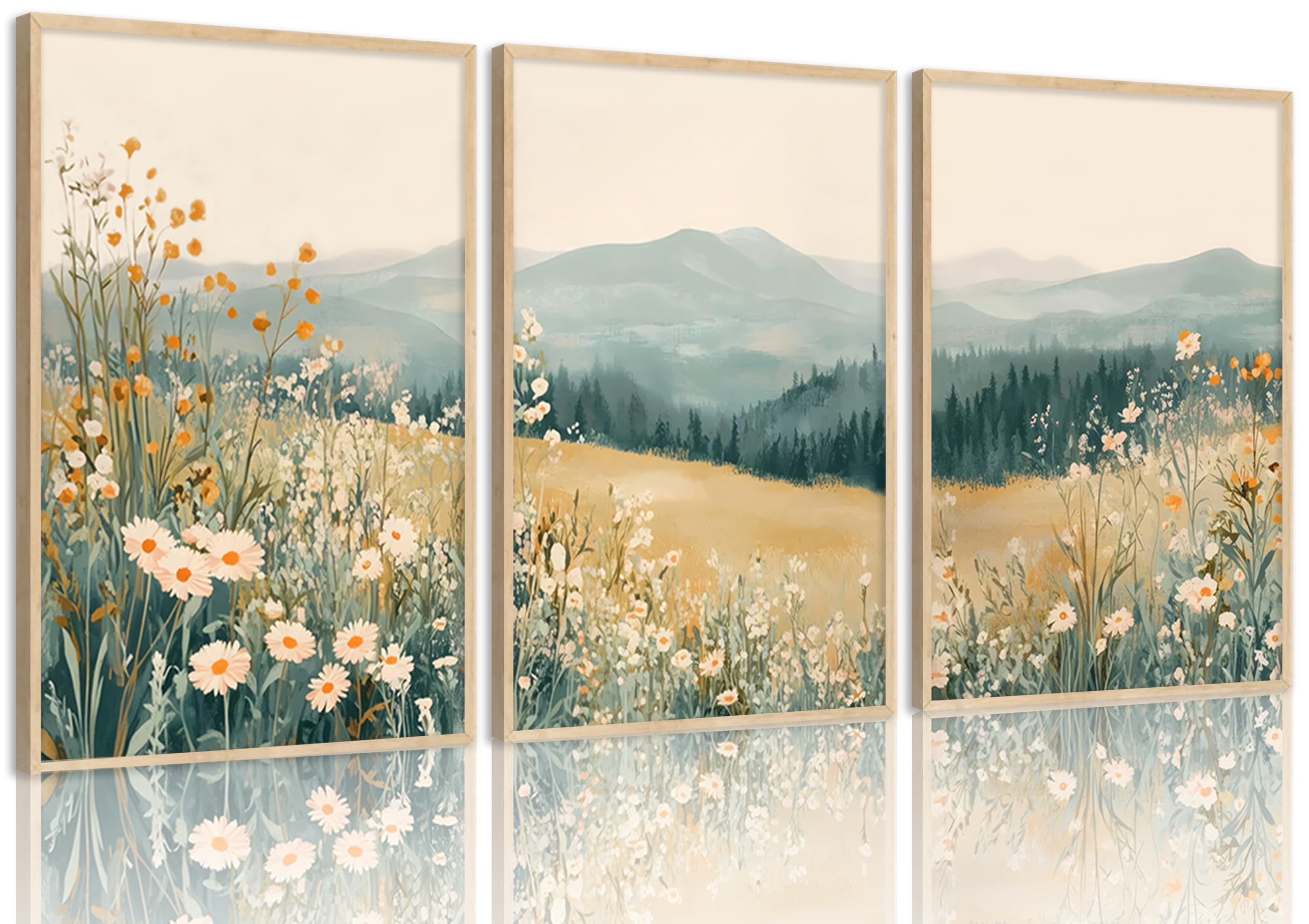 Photo 1 of 3Pcs Boho Mountains Flower Canvas Wall Art Daisy Wildflower Landscape Pictures Wall Decor Abstract Watercolor Floral Painting Prints Green Natural Scenery Poster Artwork for Living Room Bedroom Office