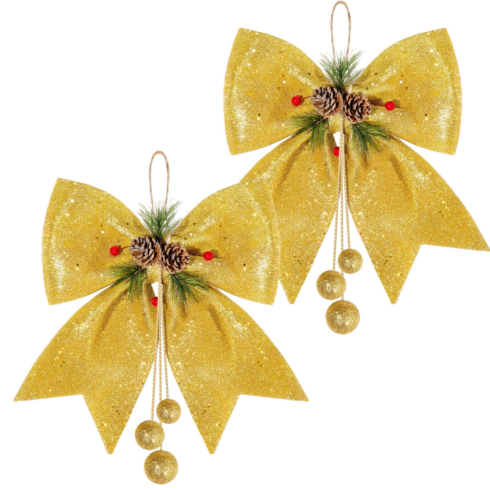 HONGCI 2 Pack Gold Bows for Christmas Tree,Large Glitter Gold Wreaths Bows Christmas Bows for Tree Decorations,Xmas Tree Bows,Sequin Bows Ties Ornaments for Christmas Tree,Wreaths,Garland Decorations
