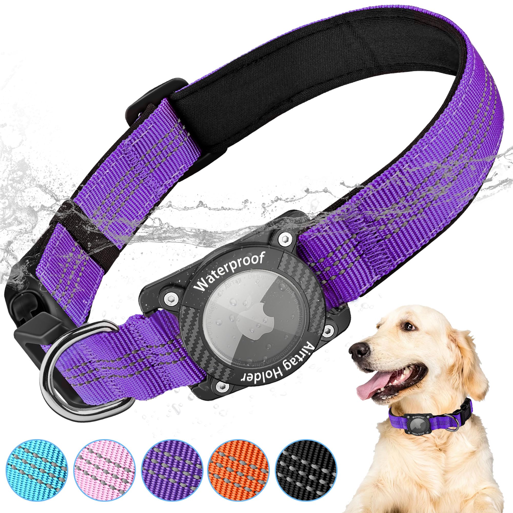 LZXLXS AirTag Dog Collar, IPX8 Waterproof Air Tag Dog Collar Holder, Luminous, Reflective, Durable, Comfortable Padded GPS Collars for Small Medium Large Dogs, Purple, S