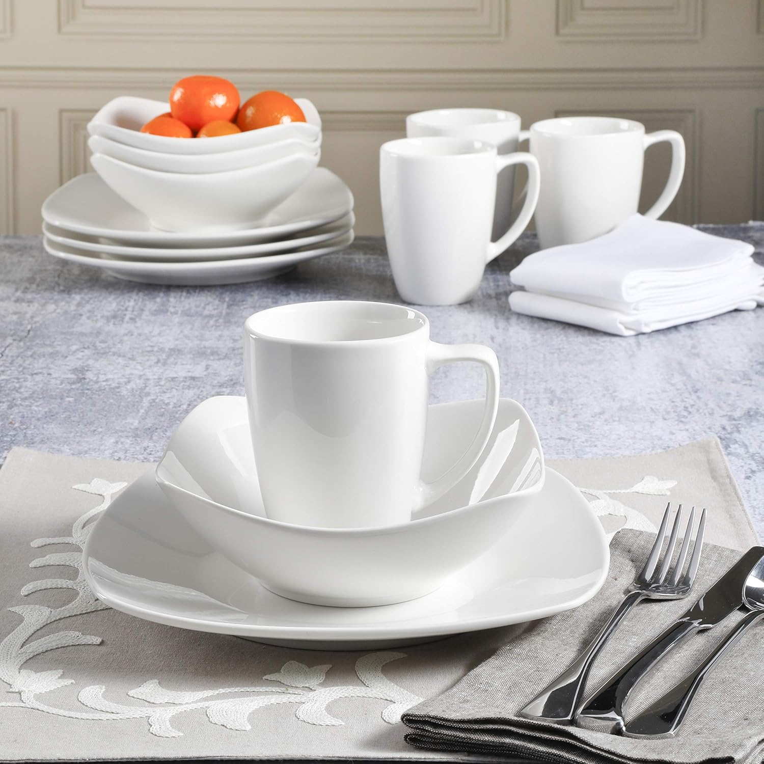  | Gibson Zen Buffet Square Dinnerware Set, Service for 4 (12pcs), White: Dinnerware Sets