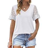 OFEEFAN Casual V Neck T Shirts for Women Lace Short Sleeve Curved Hem Tops Loose Fit