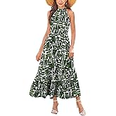 Newshows Womens 2025 Summer Vacation Outfits Halter Neck Floral Tiered Ruffled Flowy Casual Beach Boho Long Maxi Dress
