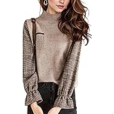 DOVWOER Women's Bell Sleeve Turtleneck 2 in 1 Pullover Layered Look Check Sweater Shirt